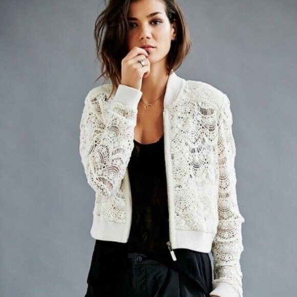 Free People Jackets & Blazers - Free People Lace Cropped Bomber Jacket White